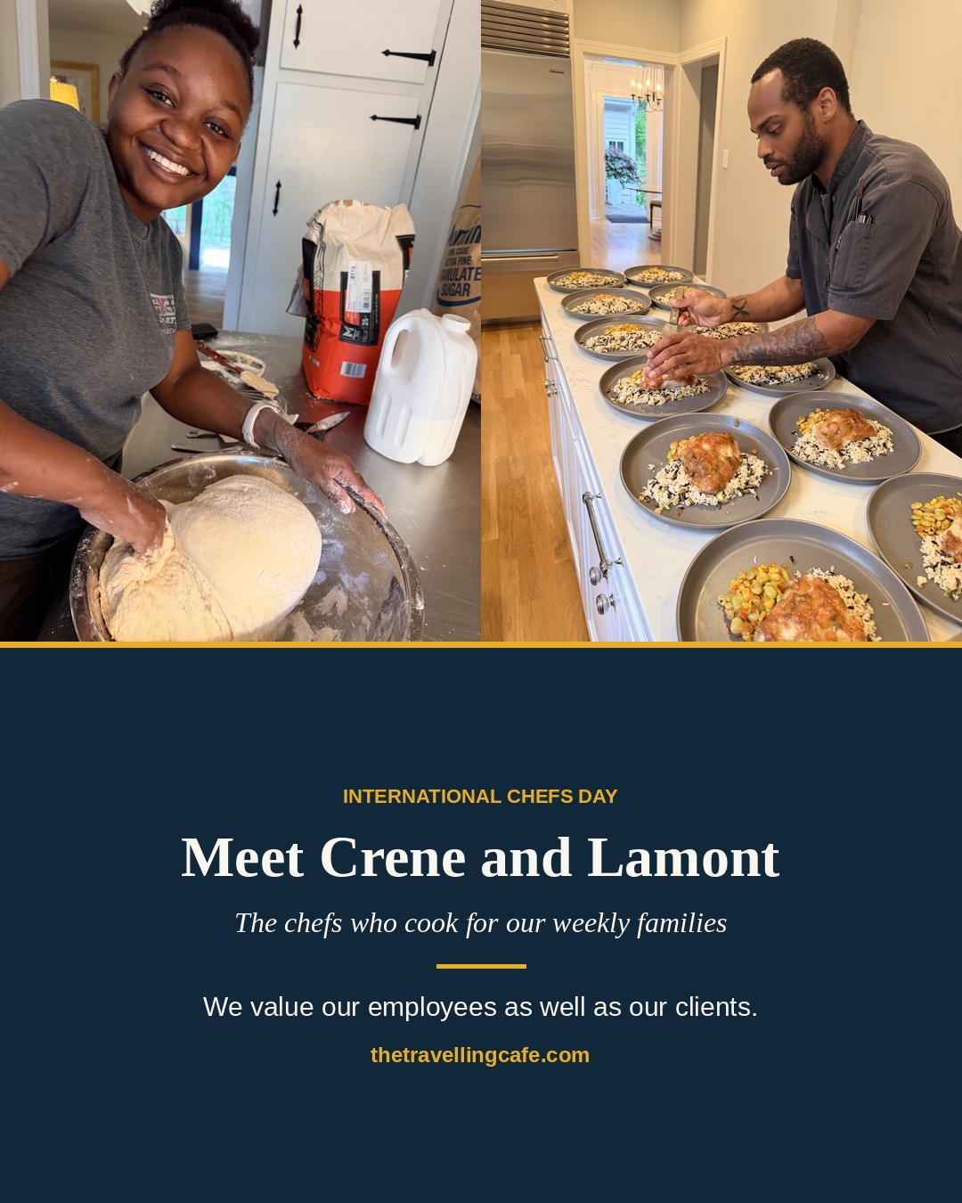 Chef Crene kneading dough and Chef Lamont plating meals, International Chefs Day