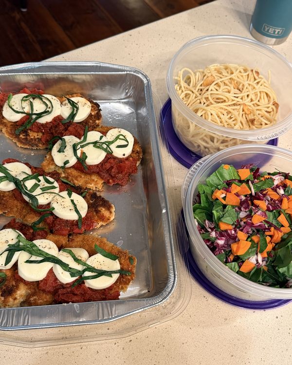 Chicken Parmesan with pasta and salad for meal prep