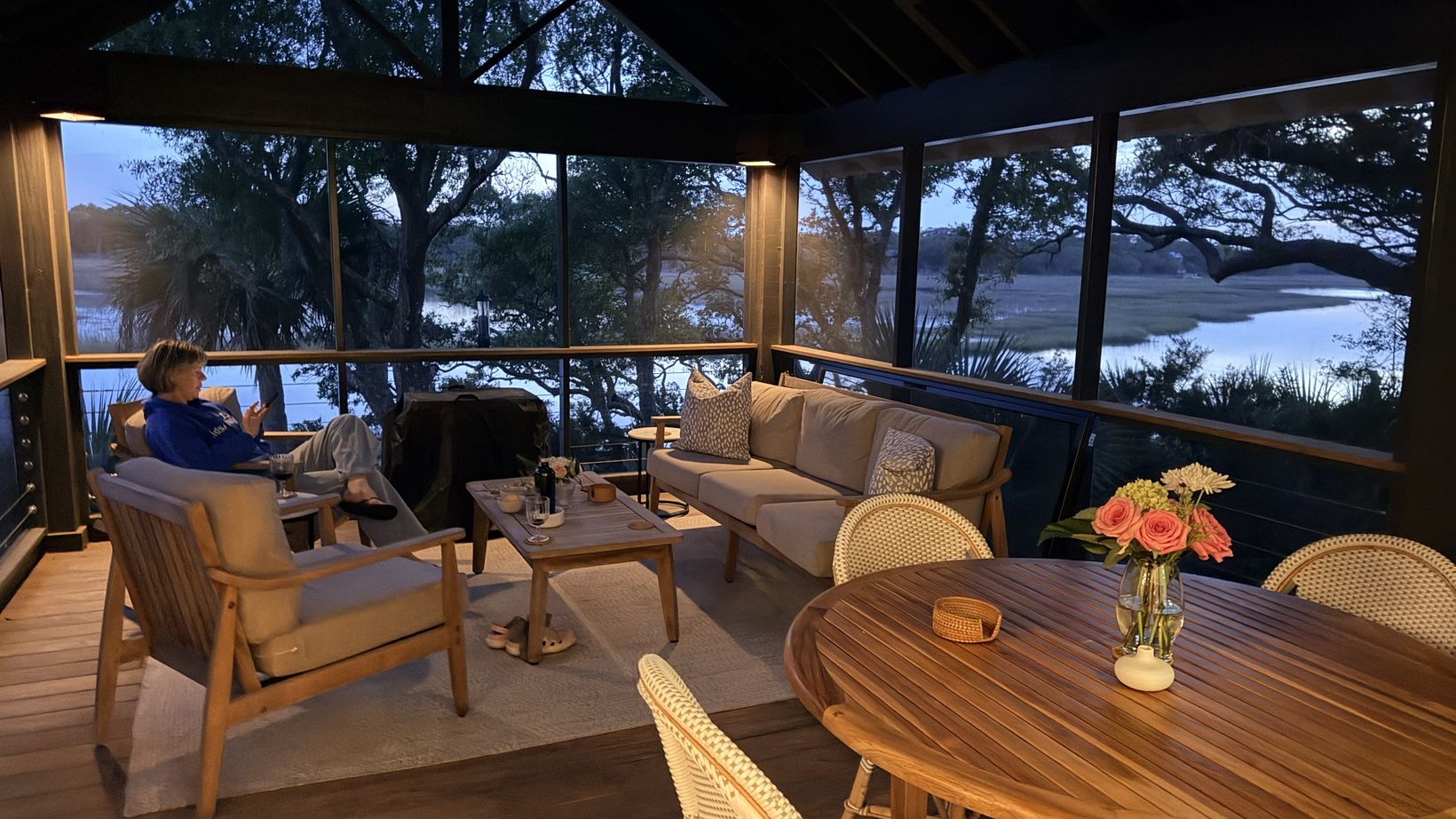 A screened porch over the marsh at a vacation house